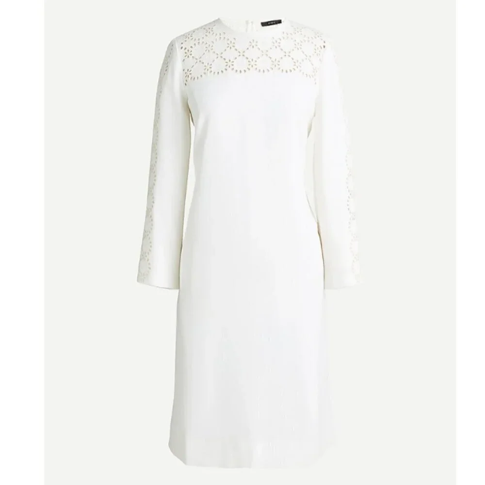 J. Crew White Laser-Cut Eyelet Lace Long Sleeve Shift Dress in 365 Crepe Size 14